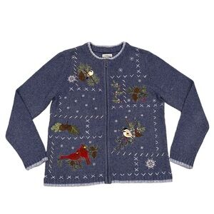 Croft & Barrow Embroidered Zip Sweater Size S Birds Cardinal Chickadee Cardigan